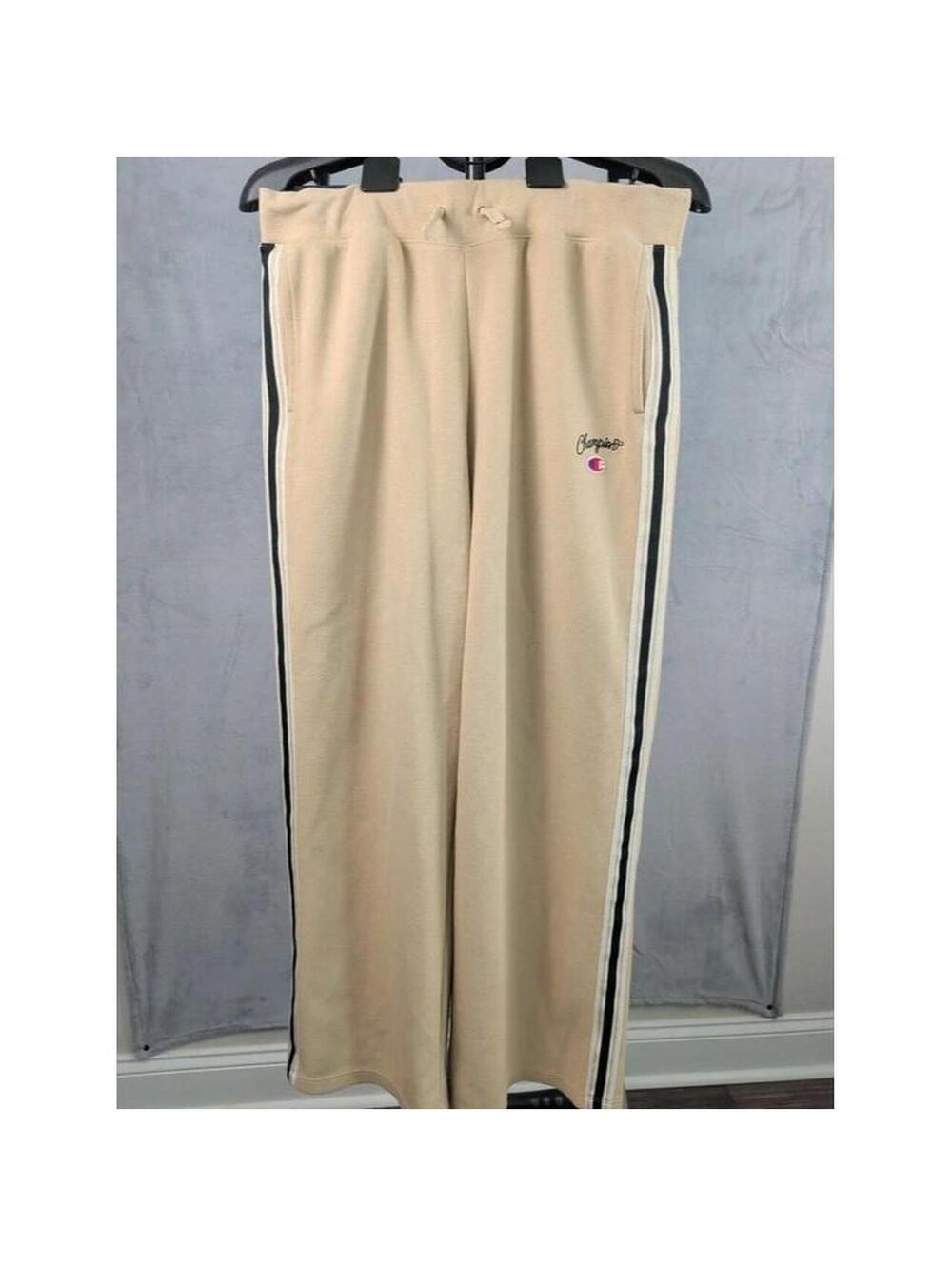 Champion Tan Wide Leg Side Stripe Track Pants Womens Large Vintage Style